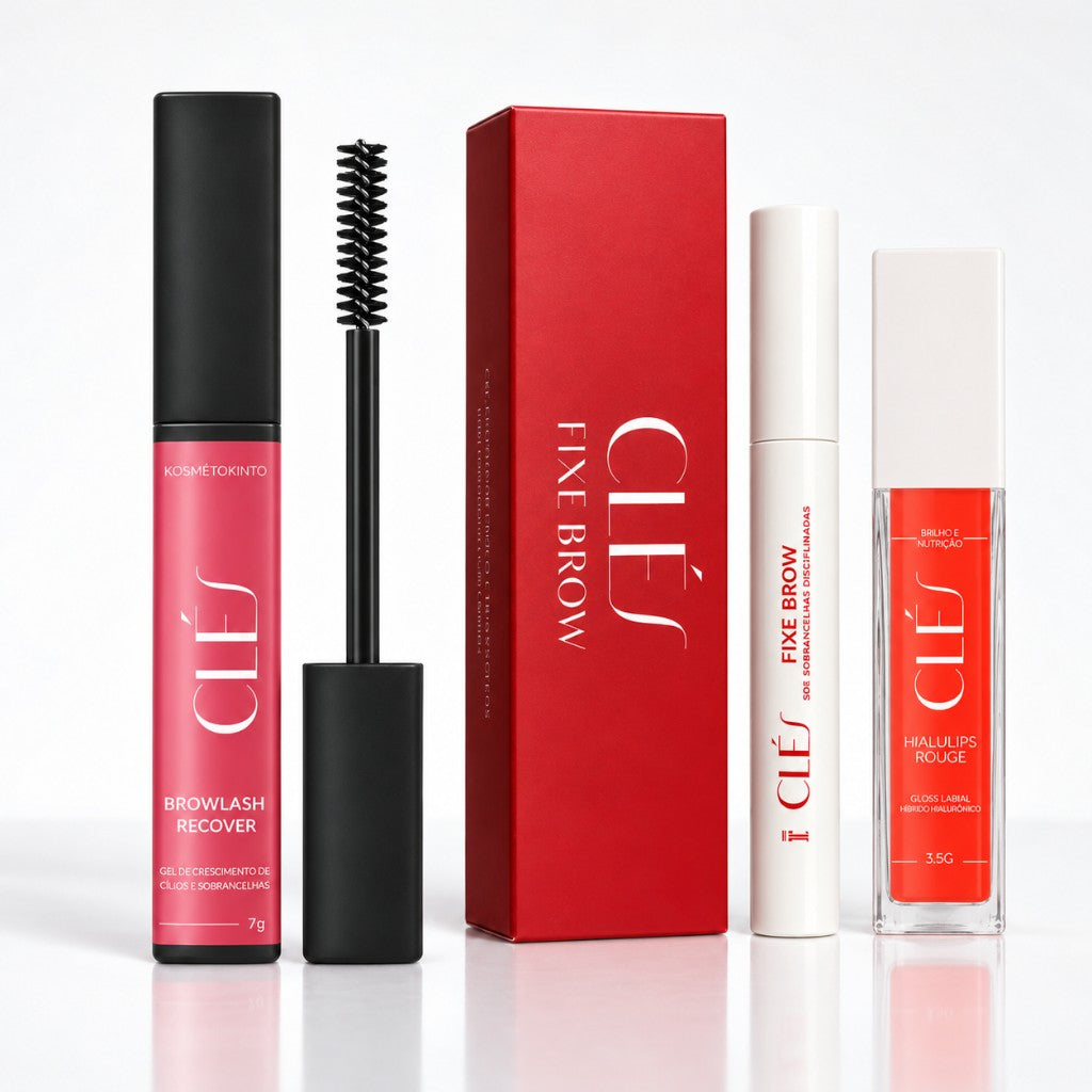 Kit CLÉS Brow e Lash - gel para sobrancelhas e cílios + CLÉS Hialulips Rouge - gloss + Fixe Brow - Gel Laminador para Sobrancelhas | Efeito Brow Lamination